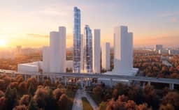 Башни ЖК АУРУС Резиденции на рассвете — вид из парка на небоскрёб Страна Девелопмент у Москва-Сити