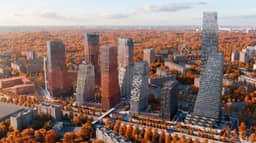 Мастер-план ЖК КОД Сокольники — корпуса у железной дороги, пешеходный мост и парк Сокольники вдали