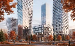 Дневная панорама ЖК С5 (Серегина 5) с перекрёстка — четыре башни с пиксельными фасадами и малоэтажный куб-корпус