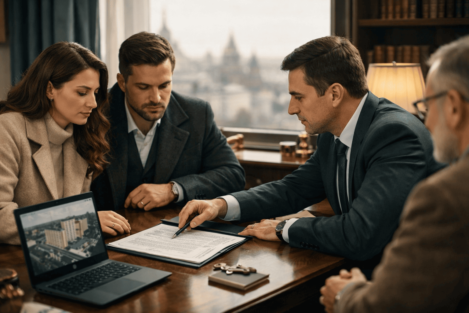 Покупатель обсуждает покупку квартиры с обременением с юристом и риелтором