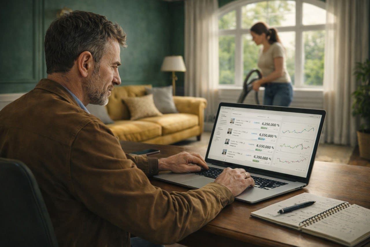 Владелец анализирует статистику продажи квартиры на ноутбуке, решая, почему квартира не продается месяцам