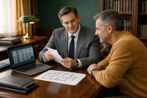 Финансовый консультант и клиент обсуждают кредит под залог недвижимости за столом с планом квартиры