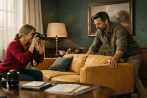 Подготовка квартиры к продаже: женщина фотографирует гостиную, мужчина расставляет мебель
