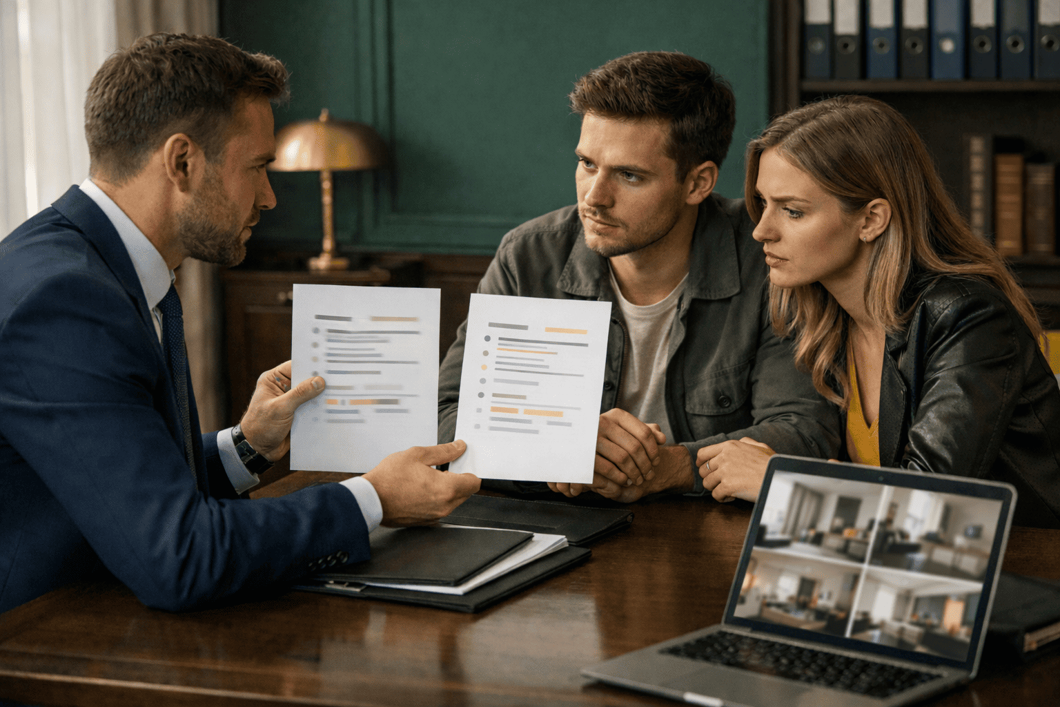 Риелтор объясняет молодым покупателям условия аванса и задатка при покупке квартиры