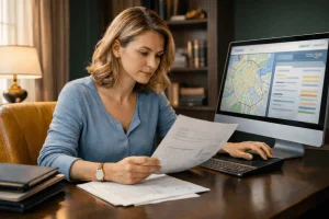 Женщина за компьютером проверяет выписку из ЕГРН на квартиру