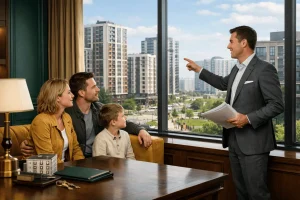 Семья с ребёнком на консультации у риелтора: обсуждают выбор района для покупки квартиры в Москве и Подмосковье.