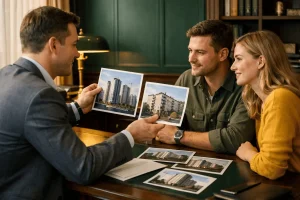 Консультант показывает паре фото новостройки и дома на вторичном рынке при выборе квартиры