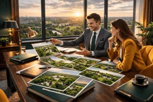 Риелтор и клиентка за столом рассматривают фотографии подмосковной недвижимости у панорамного окна