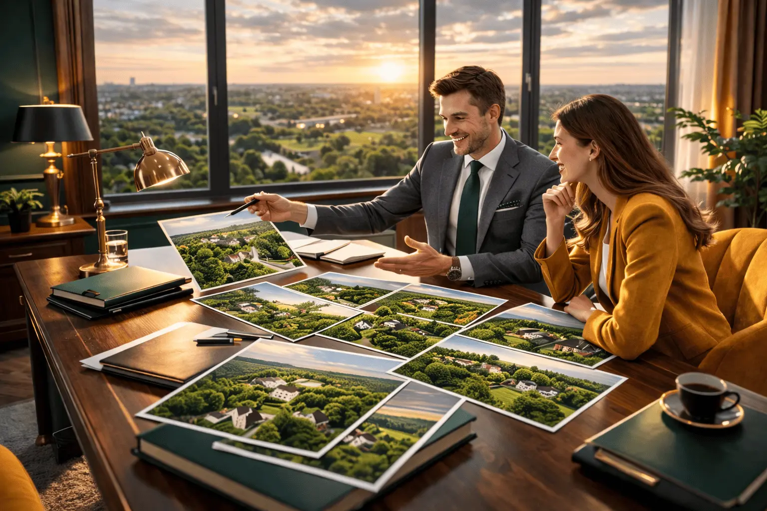 Риелтор и клиентка за столом рассматривают фотографии подмосковной недвижимости у панорамного окна