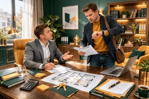 Покупатель и специалист обсуждают документы по сделке с недвижимостью и сроки оформления