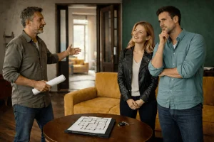 Продавец показывает план квартиры паре покупателей — обсуждение перепланировки и рисков сделки