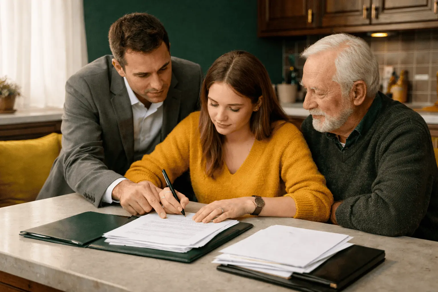 Молодая женщина подписывает документы по покупке квартиры по доверенности вместе с представителем и пожилым собственником
