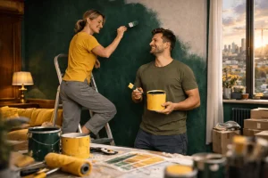 Пара красит стену в новой квартире во время ремонта