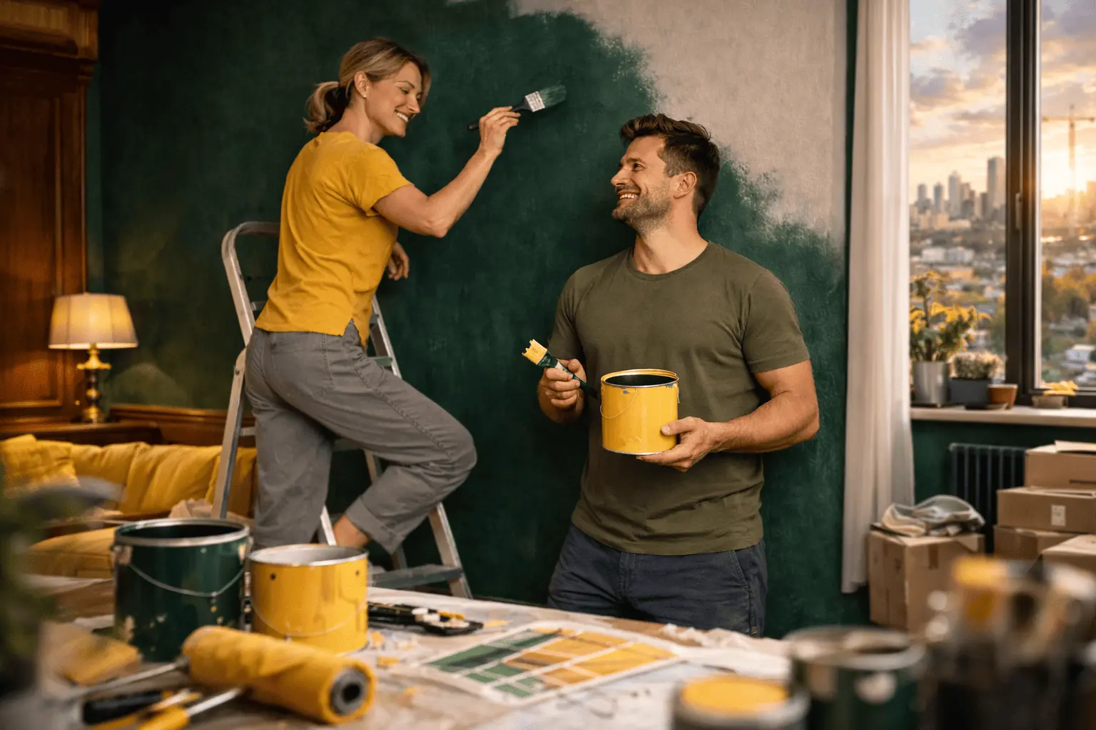 Пара красит стену в новой квартире во время ремонта