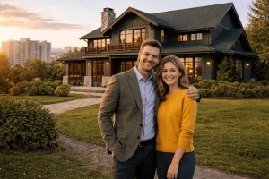 Молодая пара на фоне загородного дома в Подмосковье
