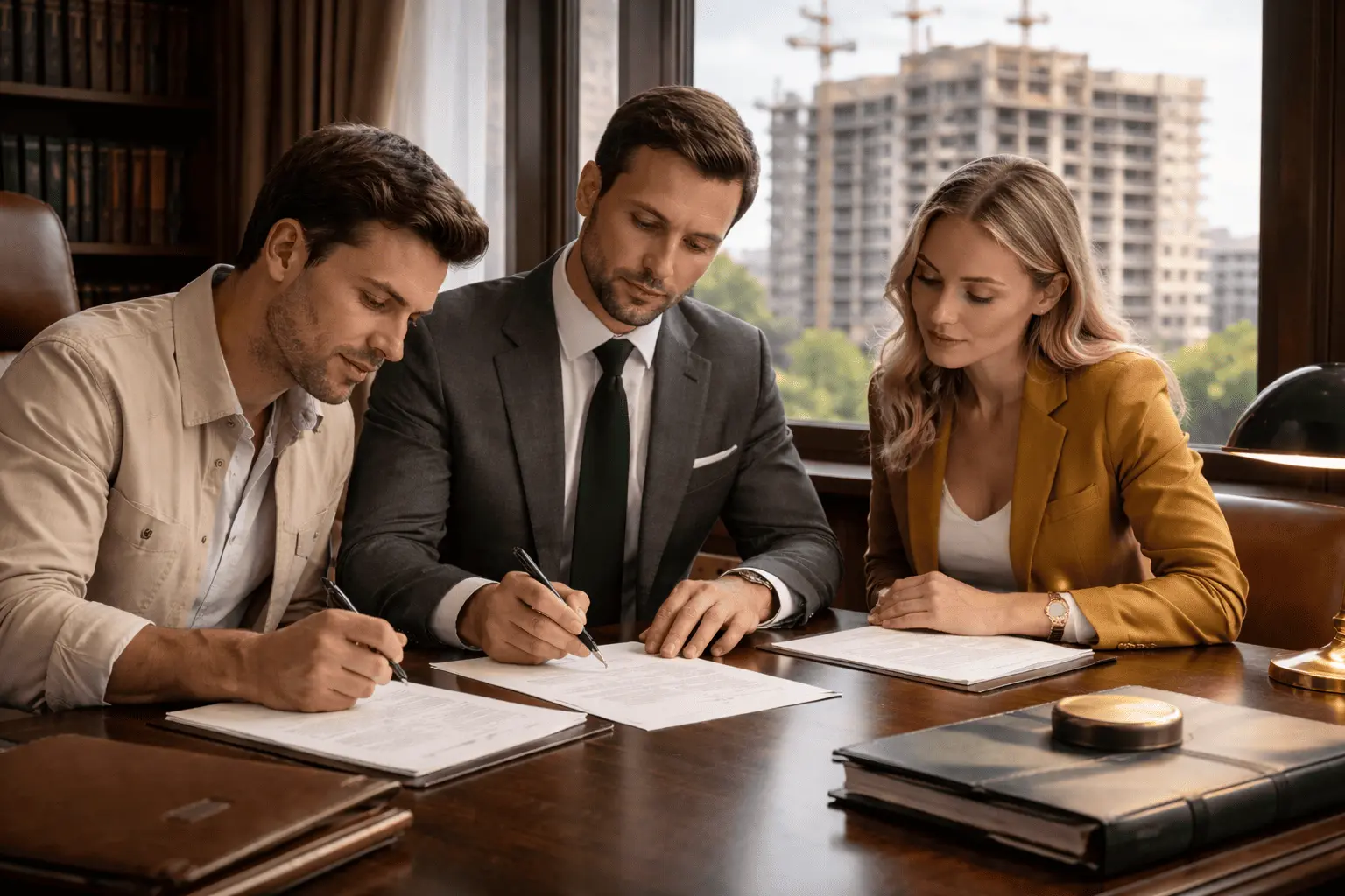 Юрист объясняет клиентам условия договора переуступки прав на квартиру в новостройке