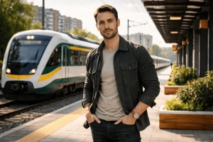 Мужчина на платформе МЦД в Подмосковье на фоне наземного метро