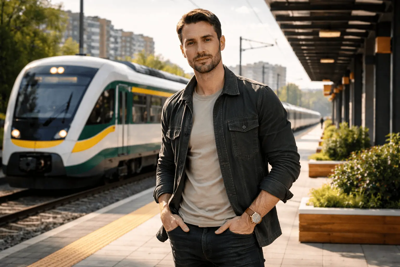 Мужчина на платформе МЦД в Подмосковье на фоне наземного метро