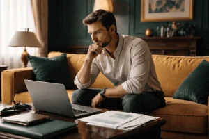 Брокер за ноутбуком консультирует клиента по сделке с недвижимостью