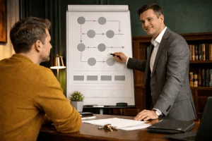 Консультация по цепочке сделок с недвижимостью: специалист объясняет схему продажи квартиры на флипчарте