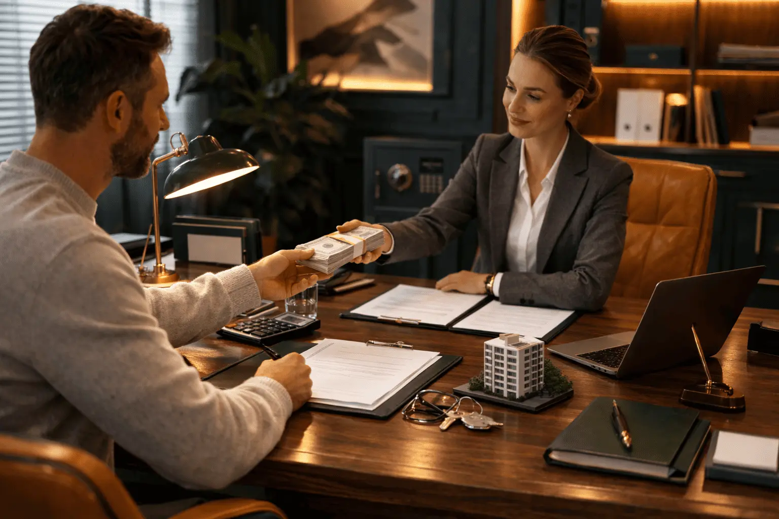 Клиент передаёт наличные банковскому сотруднику при оформлении безопасного расчёта за квартиру