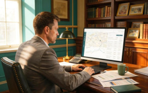 Мужчина за компьютером оценивает стоимость квартиры перед продажей