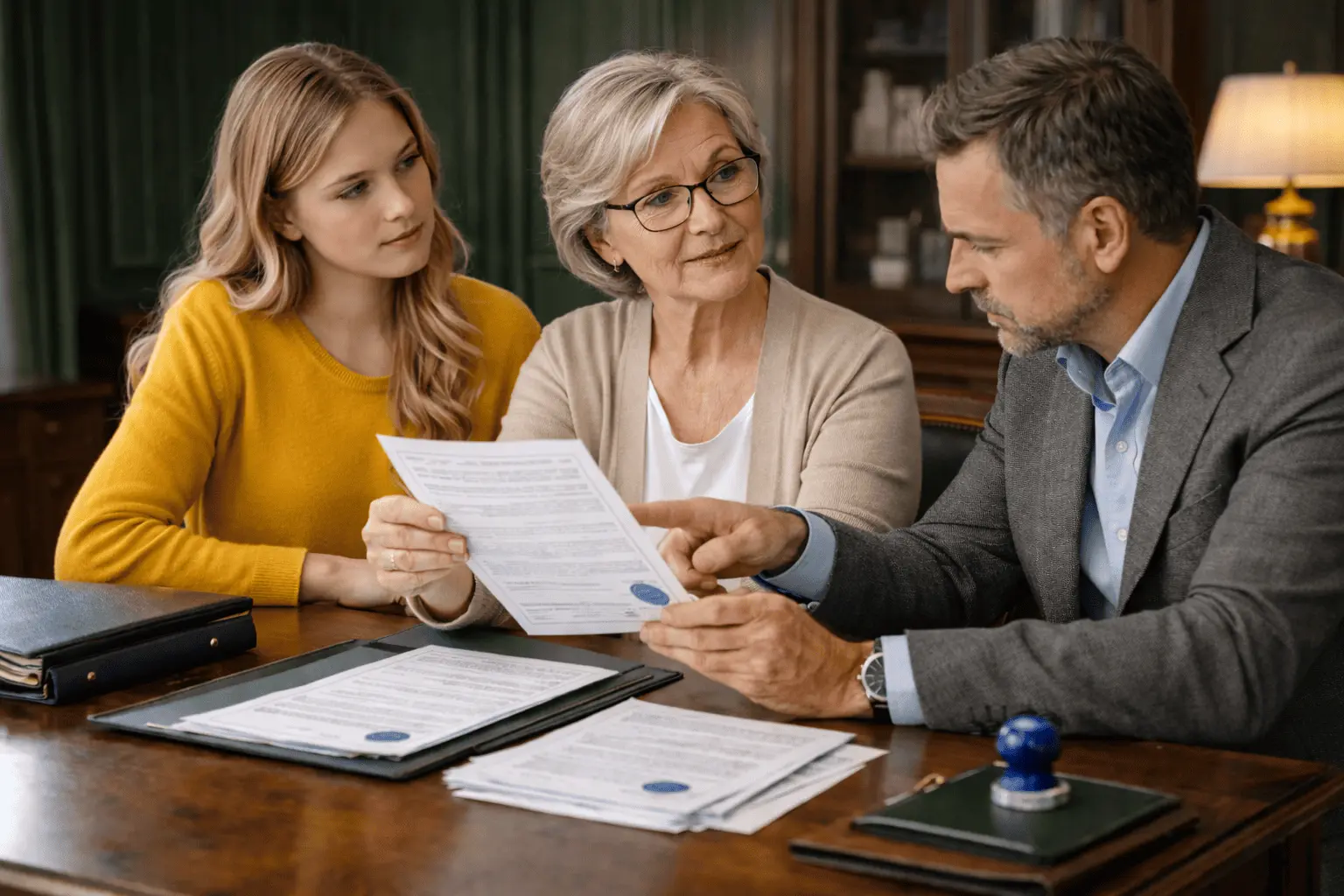 Наследственная квартира: женщина, внучка и брокер обсуждают документы перед продажей