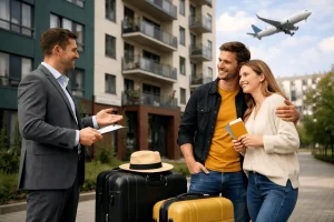 Пара с чемоданами обсуждает продажу квартиры перед переездом за границу рядом с жилым домом