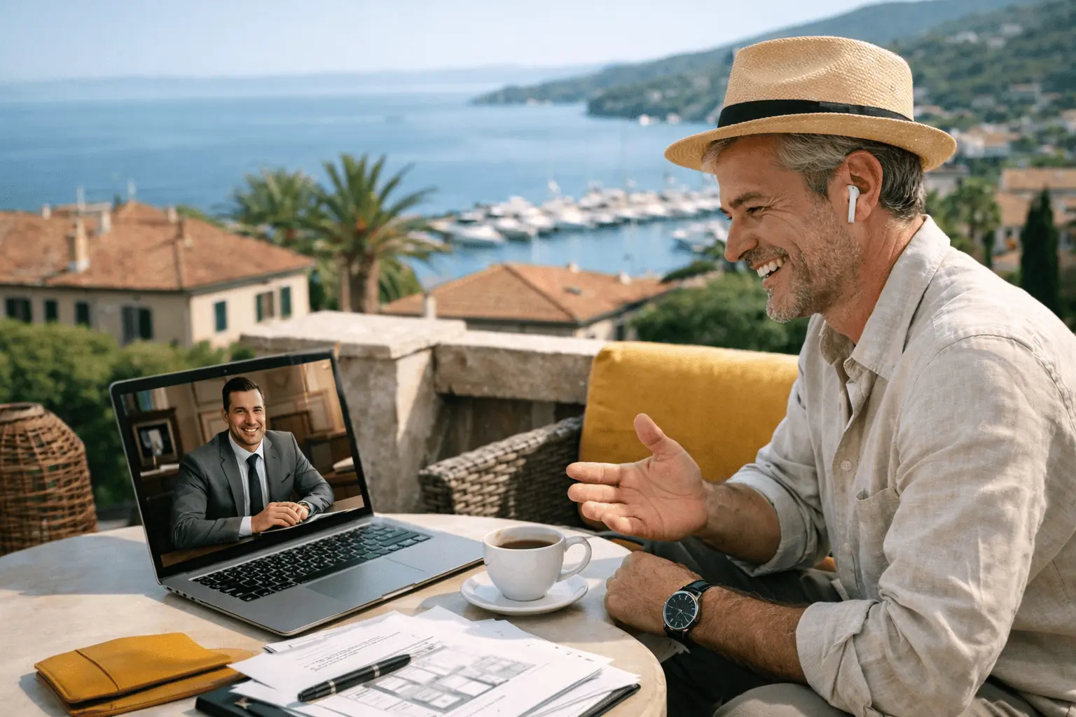 Мужчина по видеосвязи обсуждает продажу квартиры в другом городе РФ