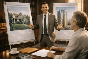 Риелтор показывает клиенту варианты продажи дома и квартиры на вторичном рынке Москвы