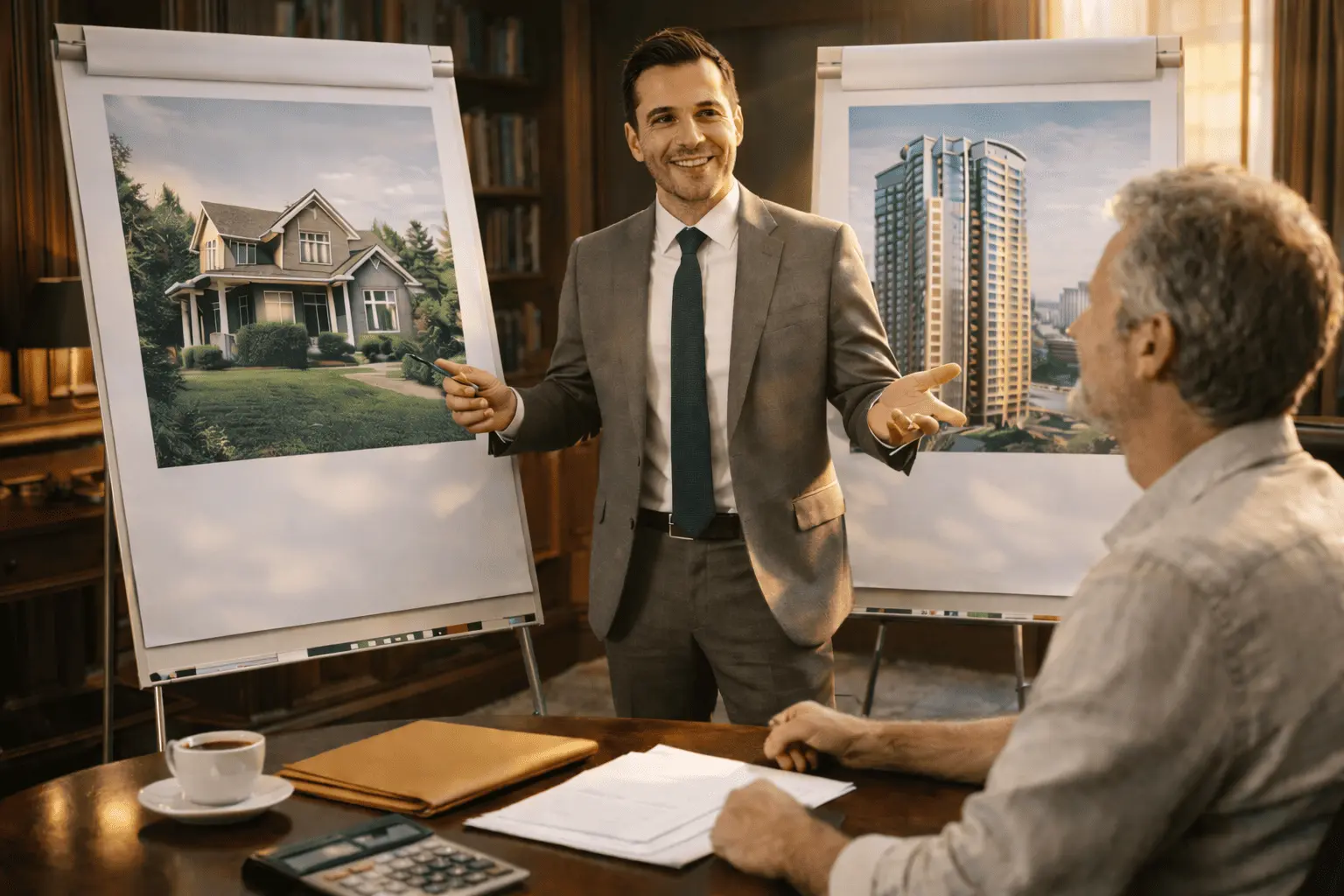 Риелтор показывает клиенту варианты продажи дома и квартиры на вторичном рынке Москвы