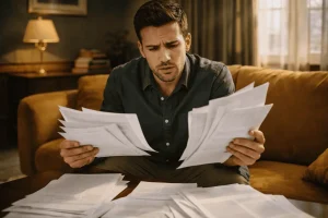 Мужчина изучает документы на недвижимость и разбирается в ЕГРН, выписке, ДДУ и кадастровой стоимости