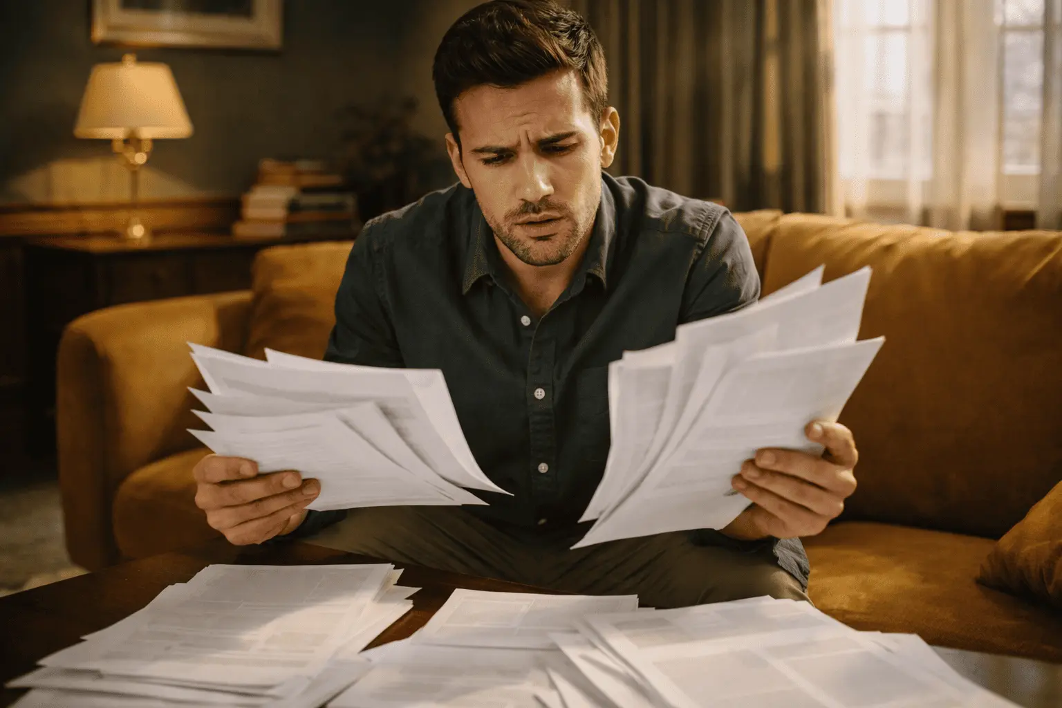 Мужчина изучает документы на недвижимость и разбирается в ЕГРН, выписке, ДДУ и кадастровой стоимости