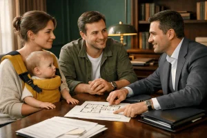 Семья с ребенком обсуждает с риелтором сделку по продаже квартиры с маткапиталом