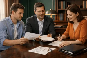 Покупатель, продавец и специалист оформляют продажу квартиры с ипотекой и подписывают документы