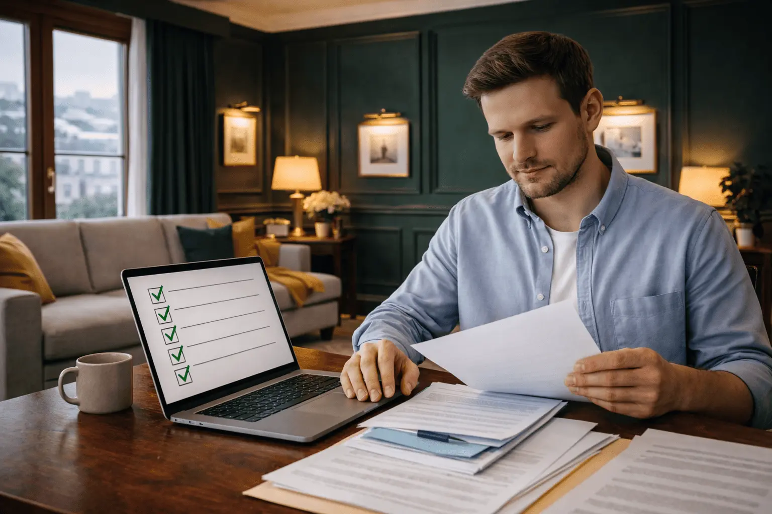 Мужчина проверяет документы для сделки с недвижимостью по чек-листу за ноутбуком