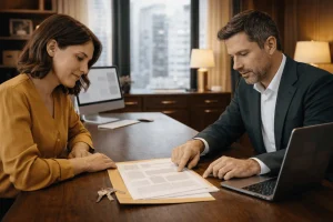 Покупатель и специалист проверяют документы на квартиру перед сделкой