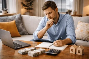 Мужчина дома сравнивает ипотеку и покупку квартиры без кредита, рассчитывая расходы на ноутбуке и калькуляторе