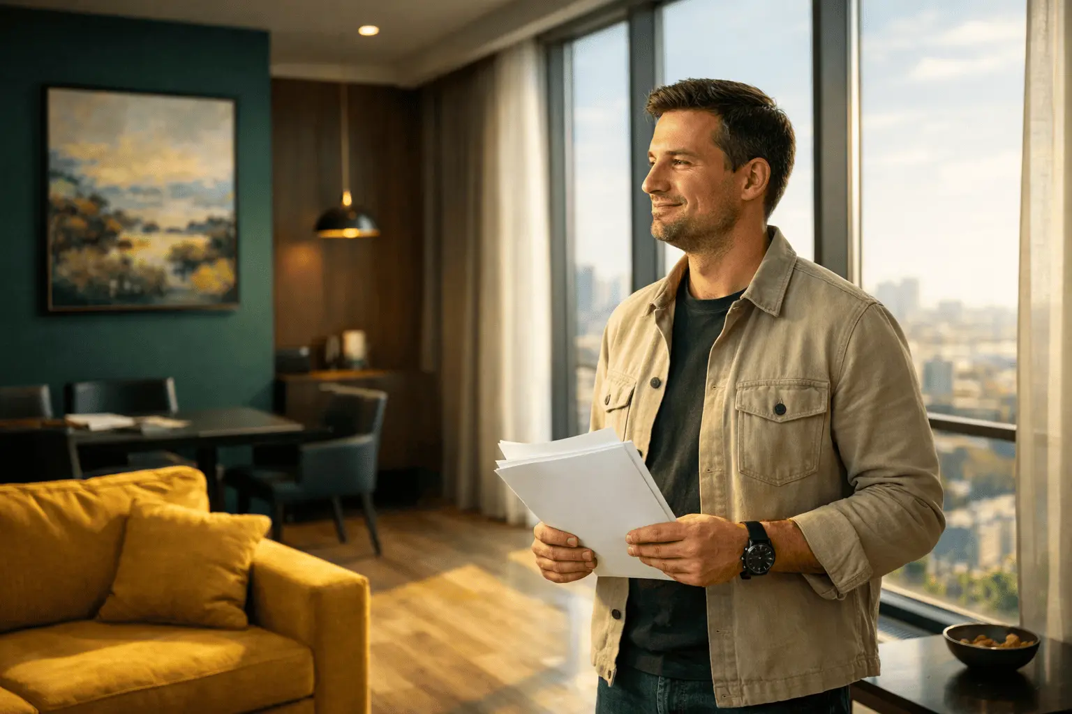 Мужчина с документами в современных апартаментах у панорамного окна
