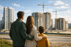 Семья смотрит на новостройки и оценивает будущую ликвидность квартиры
