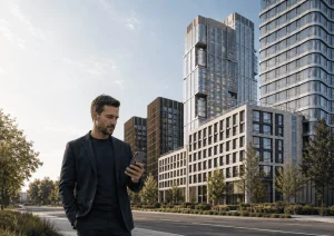 ЖК Ситидзен Cityzen в Москве — мужчина проверяет информацию о проекте на телефоне на фоне современных жилых корпусов