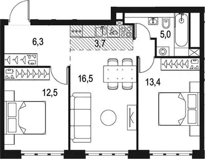 3Е-к.кв-комн. 57.4 м²