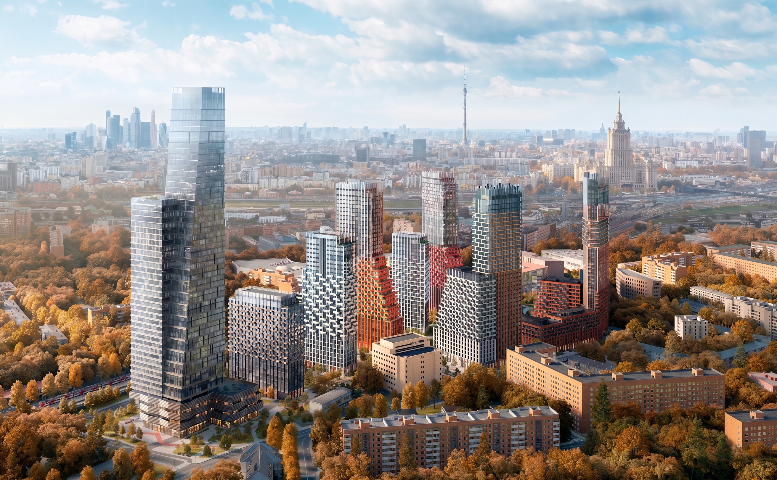 Панорама ЖК КОД Сокольники на фоне Москвы — вдали башни Москва-Сити и сталинская высотка