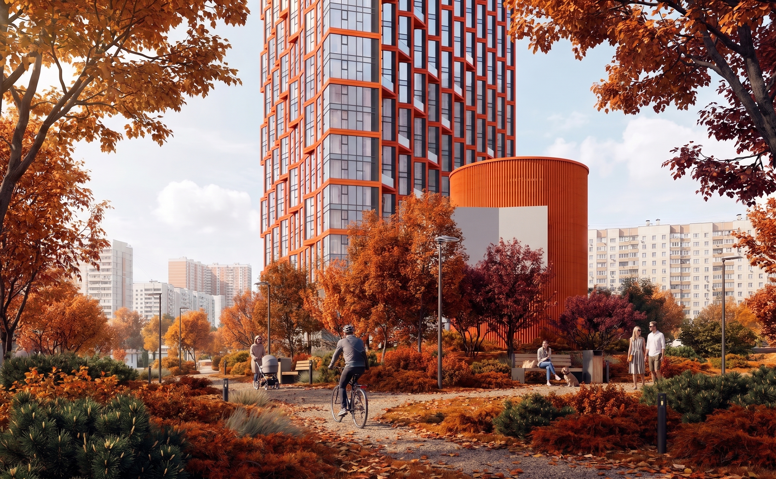 Прогулочная дорожка в парке у ЖК НЕКСУС — семья с детьми на фоне башни с оранжевым фасадом
